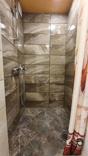 a bathroom with a shower with a glass door at Apartment AXA in Ohrid