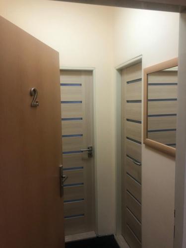 a walk in closet with two doors and a mirror at DNM Inn in Koryčany