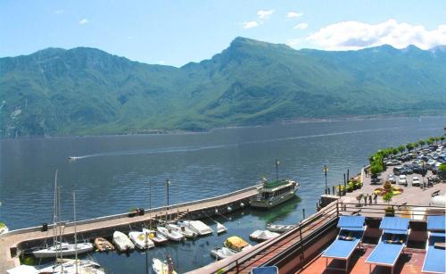 a marina with a bunch of boats in the water at Hotel Sole - Limone in Limone sul Garda