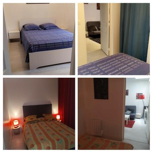 4 photos différentes d'une chambre et d'un lit dans l'établissement TY SAM Bretagne - Bel appartement maison RDC Terrasse T3-T4 proche plages et commerces, à Trébeurden