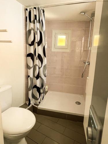 une salle de bain avec douche et toilettes dans l'établissement New! Cosy T2 au coeur de la ville - climatisation - coin terrasse, à Aix-en-Provence