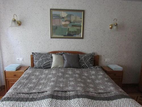 1 dormitorio con 1 cama con almohadas y una foto en la pared en Home with the veranda (B&B) free parking en Veliko Tŭrnovo