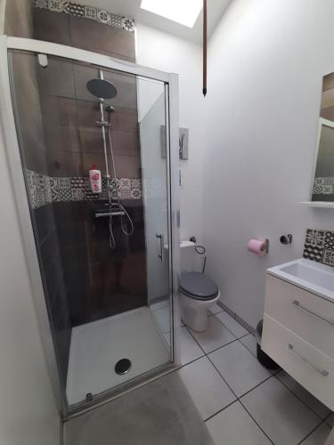 La salle de bains est pourvue d'une douche en verre et de toilettes. dans l'établissement Studio neuf proche Océan, à La Rochelle