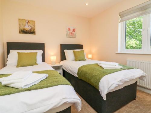 a bedroom with two beds with green and white sheets at Devon House in Holsworthy