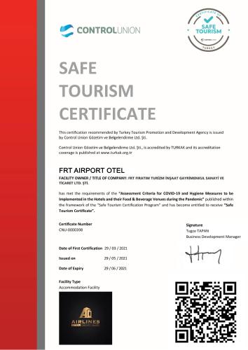 Una captura de pantalla del sitio web del certificado de turismo seguro en FRT AİRPORT OTEL, en Arnavutköy