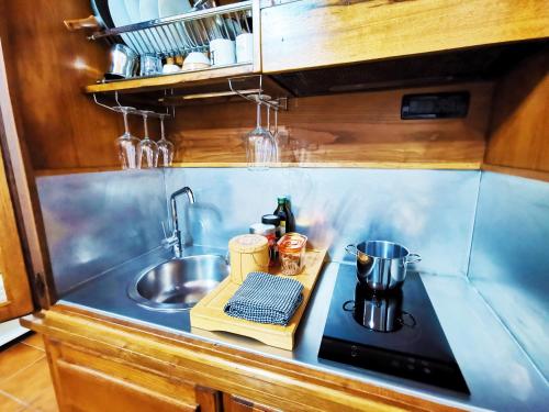 una pequeña cocina con fregadero y encimera en GranChalet sul Cimone 103, en Montecreto