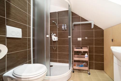 a bathroom with a toilet and a shower at Apartments Nautilus, nearby beach Svetilnik in Izola