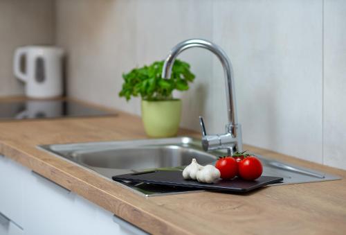 a kitchen counter with a sink and tomatoes on a cutting board at Casa dei Nonni - in the center of Istria in Pazin
