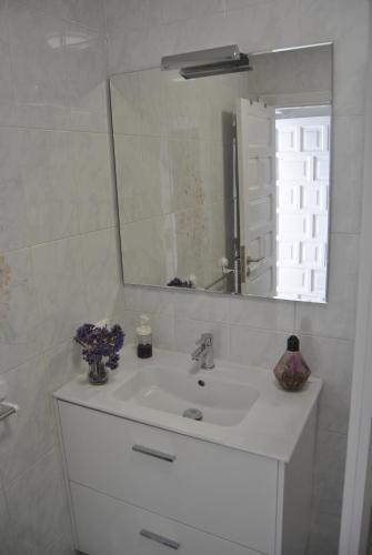 ein Badezimmer mit einem weißen Waschbecken und einem Spiegel in der Unterkunft Sunset La Palmita in La Victoria de Acentejo