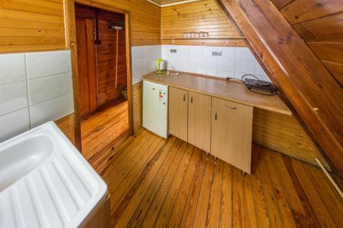 a small kitchen with a sink and a counter at Domek Retro Karłów - Brda in Kudowa-Zdrój