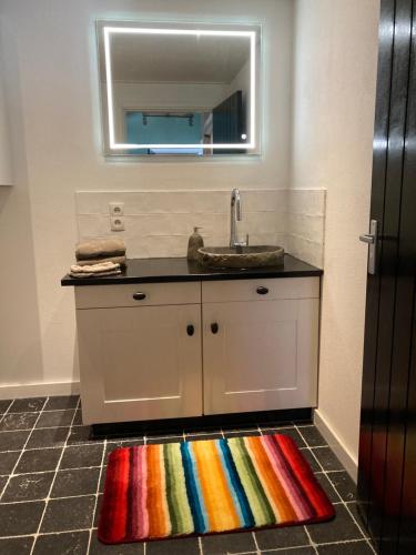 a bathroom with a sink and a colorful rug at Luxe, landelijke vakantiewoning der alte Birnenbaum Duitsland-Sankt Wendel in Sankt Wendel