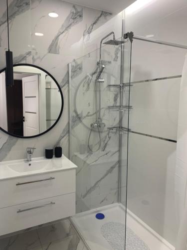 uma casa de banho com um chuveiro, um lavatório e um espelho. em Apartament Joanna em Giżycko