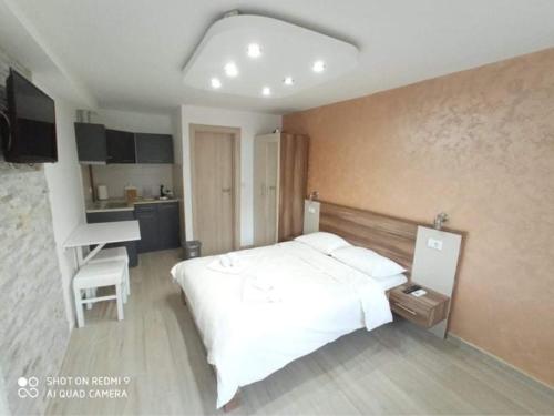 a bedroom with a white bed and a desk in it at Studio Dunja in Soko Banja