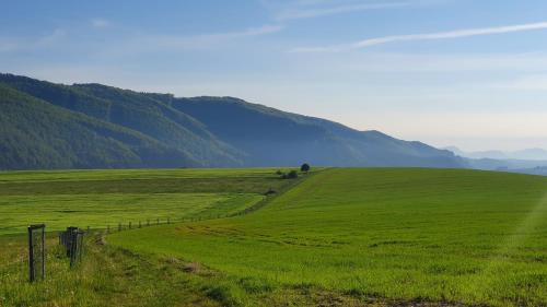 a green field with a fence and mountains in the background at Vila Doliny in Konská