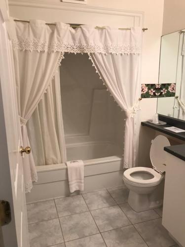 a bathroom with a bath tub and a toilet at Shepody Bay Inn in Hopewell Cape