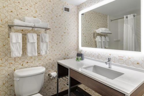 a bathroom with a toilet and a sink and a mirror at Holiday Inn Atlanta-Gas South Arena Area, an IHG Hotel in Duluth