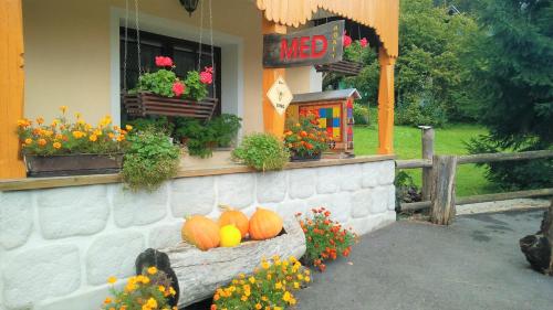 a house with pumpkins in a window with flowers at Homestead Zatrnik near Bled in Bled