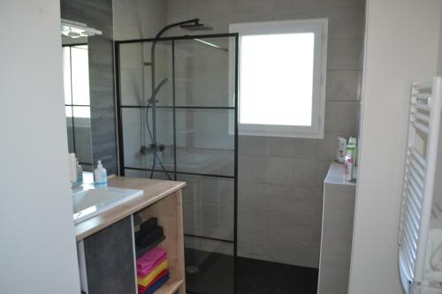 a bathroom with a shower and a sink at Maison Cinona in Le Mont-Dore