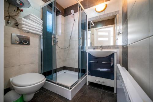 a bathroom with a toilet and a sink and a shower at Willa Horn in Władysławowo