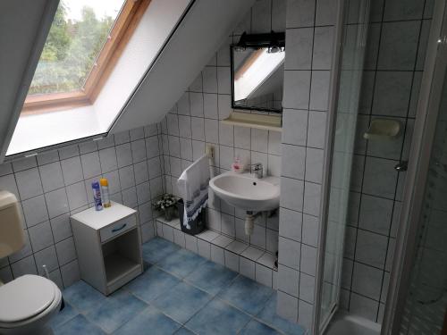 ein Bad mit einem Waschbecken und einem WC in der Unterkunft Tamás Bátya Kunyhója in Balatonmáriafürdő