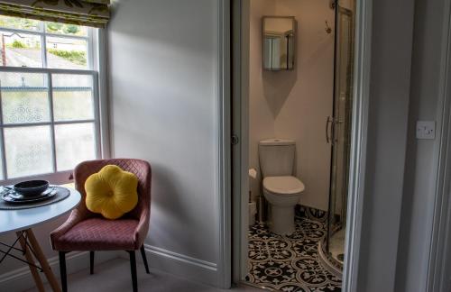 a bathroom with a toilet and a chair with a yellow pillow at Apple Tree Bed and Breakfast in Tavistock