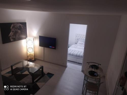 uma sala com um quarto com uma cama e uma televisão em Charmant appartement design em Blois