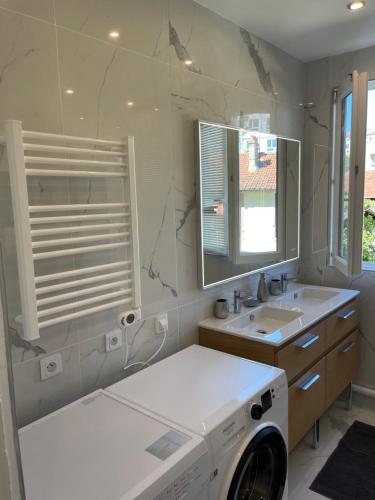 y baño con lavadora y lavamanos. en Bella Mia - Chic apartment near Orly Rport 15mns frm Paris, en Choisy-le-Roi