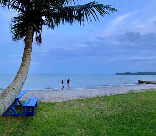 two people walking on a beach with a palm tree at Villa Caribe in Lívingston