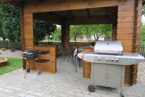 a patio with a grill and a bbq grill at Farma u Tošovských in Týniště nad Orlicí