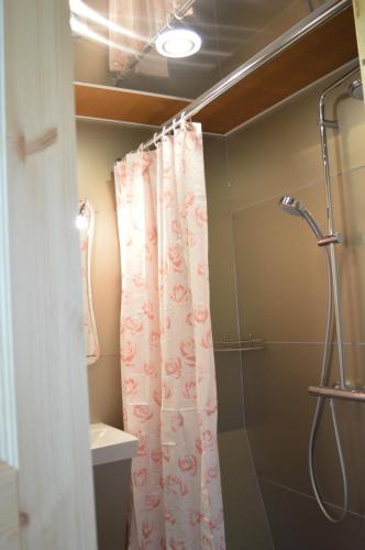 a bathroom with a shower with a shower curtain at Metsjärve mini puhkemaja in Põlva
