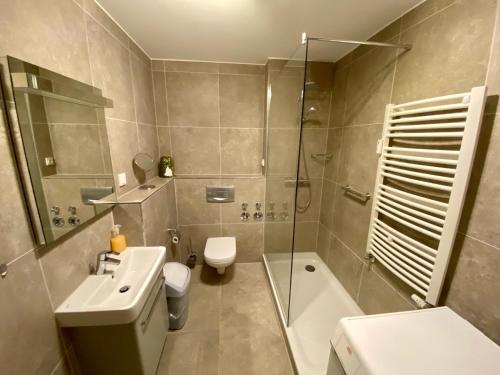 a bathroom with a shower and a toilet and a sink at Fewo Kliff 46, EG in Ostseebad Nienhagen