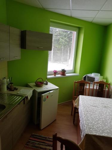 une cuisine avec des murs verts, une table et une fenêtre dans l'établissement FAN FAN PENZIÓN, à Rožňava