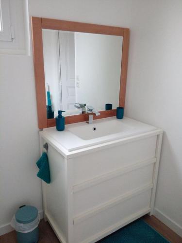 a bathroom with a white sink and a mirror at ESCALE À ÉPERNAY BORDS DE MARNE APPT 2/4 PERS in Épernay