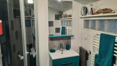 a bathroom with a sink and a shower at MENTON, centre historique, vue mer in Menton