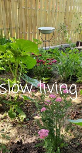 a garden with flowers and a sign that says slow living at Babie Lato b&b in Uniejow