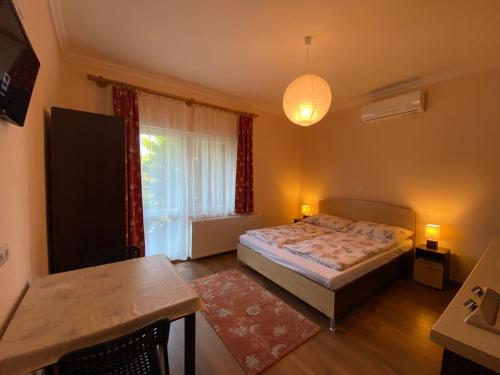 ein Schlafzimmer mit einem Bett und einem großen Fenster in der Unterkunft Magyar Apartman III. in Hajdúszoboszló