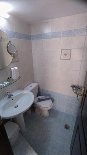 a bathroom with a white toilet and a sink at Girogiali beach hotel - Adults only in Stalos