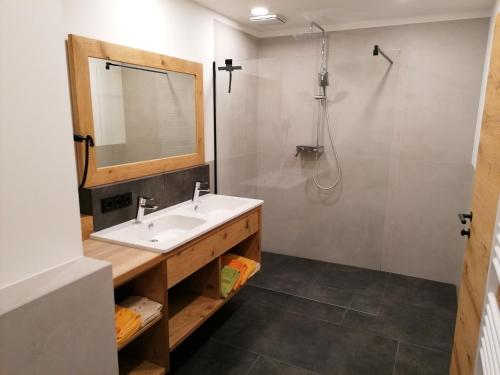 a bathroom with a sink and a mirror at Apart Auszeit in Ellmau