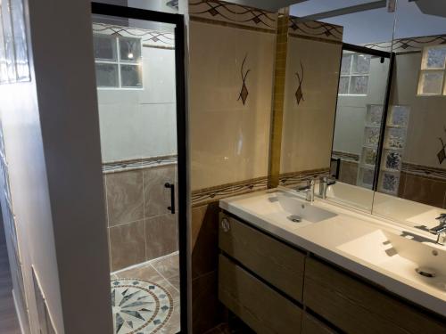 a bathroom with a shower and a sink and a mirror at Le Grand Hôtel Molière in Pézenas