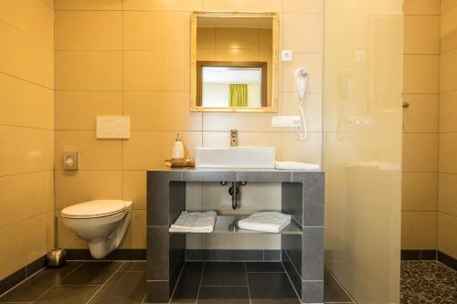 La salle de bains est pourvue d'un lavabo et de toilettes. dans l'établissement Hotel Viola, à Hochheim am Main