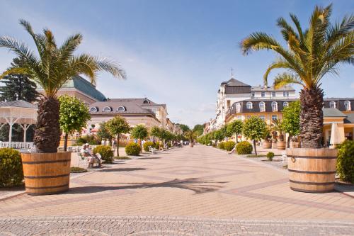 a street with palm trees in front of a building at Spa Hotel Diana in Františkovy Lázně