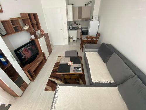 ein Wohnzimmer mit einem Sofa und einem Tisch in der Unterkunft Apartmani JOVANOVIC Sokobanja in Sokobanja