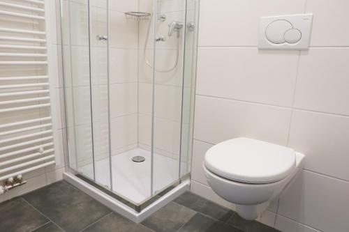a white bathroom with a shower and a toilet at FeWo Engler Wallstraße W1 in Lüneburg