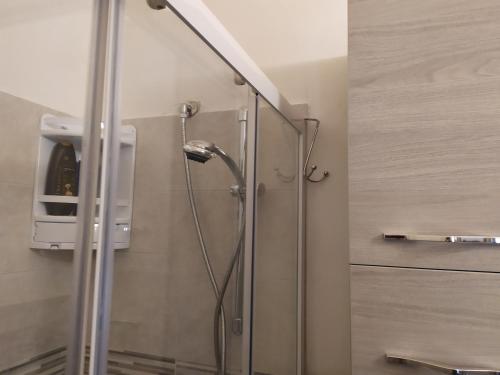 La salle de bains est pourvue d'une douche avec une porte en verre. dans l'établissement Soggiorno Galasso, à Ostuni