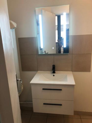 a bathroom with a white sink and a mirror at Appartement centre historique Sancerre in Sancerre