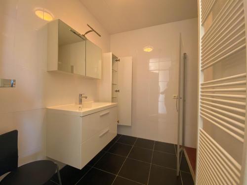 uma casa de banho com um lavatório e um espelho em Hello Zeeland - Appartement Port Scaldis 21-072 em Breskens