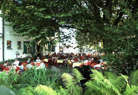 tłum ludzi siedzących przy stolikach w ogrodzie w obiekcie Hotel Churfirsten w mieście Walenstadt
