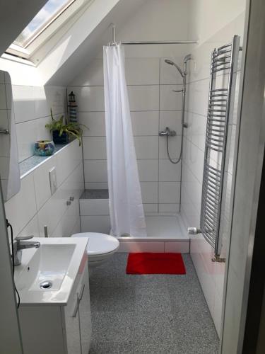 La salle de bains est pourvue d'une douche, de toilettes et d'un lavabo. dans l'établissement Lazarus Hotel & Restaurant, à Lüdenscheid