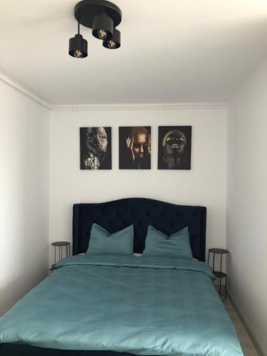 a bedroom with a green bed with pictures on the wall at Hils Pallady Bucharest apartments in Bucharest