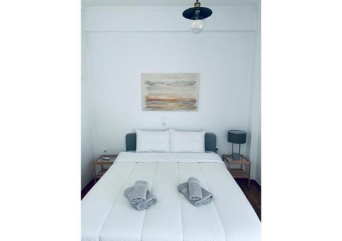 een slaapkamer met een bed met twee slippers erop bij Cozy Apartment in Central Athens - Sleeps 6 in Athene